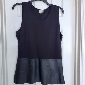 Ecru Sleeveless‎ Top Black Genuine Leather Trim Peplum Snap Side Detail M